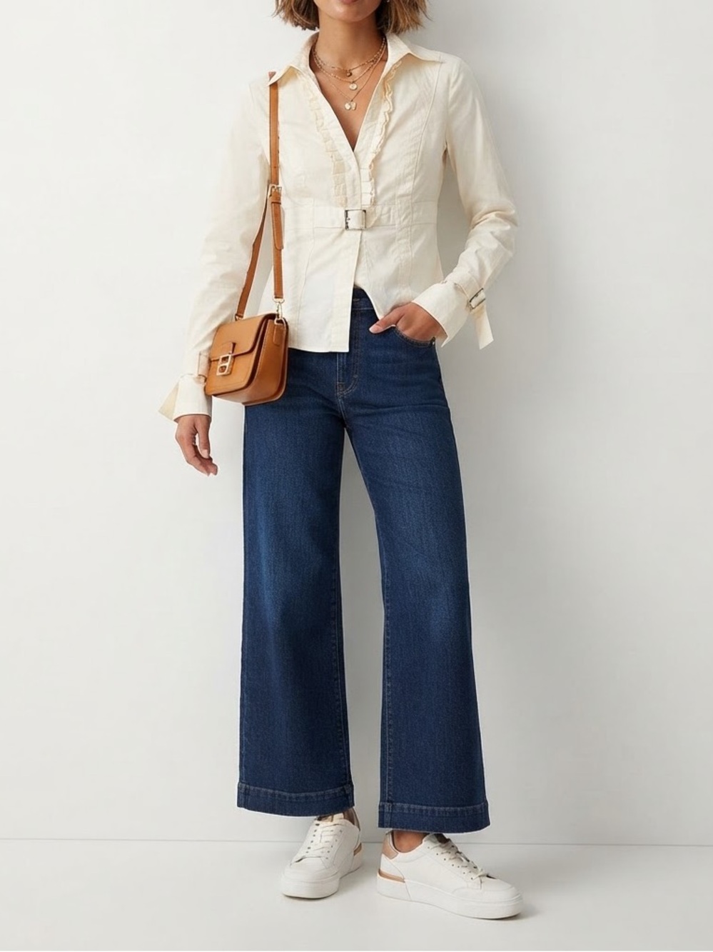INC International Concepts Cream Button-Front Shirt with Buckle Detail